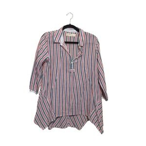 Anthro Isabella Sinclair Top‎ Linen Sz M Pastel Stripe Pop Over Cover-Up Coastal